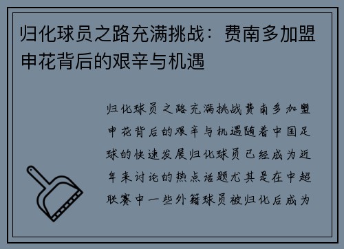 归化球员之路充满挑战：费南多加盟申花背后的艰辛与机遇