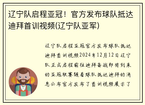 辽宁队启程亚冠！官方发布球队抵达迪拜首训视频(辽宁队亚军)